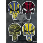Ukrainian Punisher Skull Sticker Pack with blue-yellow, camo, red, tactical skulls, 4 pieces