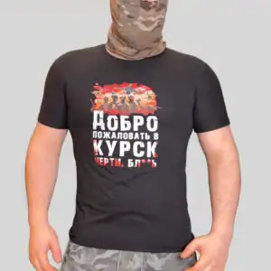 Welcome to Kursk Russian Army T-shirt with printed slogan associated with modern conflict context