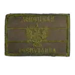 DPR combatant trophy patch with double-headed eagle and Cyrillic text embroidered on olive textile