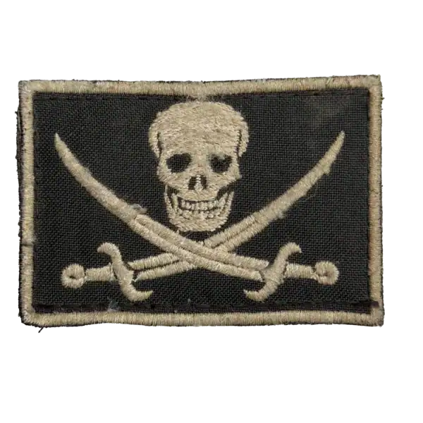 Russian Pirate Head Trophy Patch embroidered with skull and crossed sabers on black field fabric