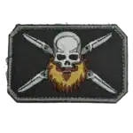 Russian pirate beard trophy patch with skull and crossed knives embroidered on dark textile