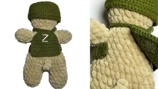 Russian soldier bear talisman toy soft plush figure with military-style vest and helmet from conflict-context collectible