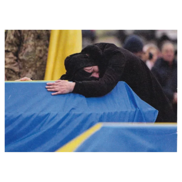 Russian Funeral Replacement Leaflet with Ukrainian flag funeral imagery and a surrender warning addressed to AFU personnel during the Ukraine conflict.
