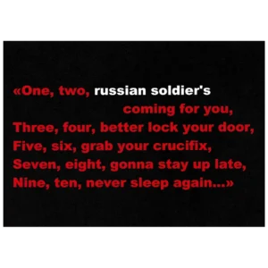 Home 14 Russian Foreign Fighter Propaganda Leaflet with English warning text, Russian soldier imagery, and a tricolour flag associated with the Ukraine conflict.