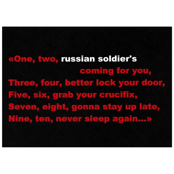 Russian Foreign Fighter Propaganda Leaflet with English warning text, Russian soldier imagery, and a tricolour flag associated with the Ukraine conflict.