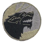 Russian Wolf Patch – Military Morale Insignia 5 Russian wolf patch with embroidered black wolf profiles, gray field background and tan border in a modern military-style design.