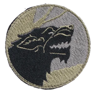 Home 13 Russian wolf patch with embroidered black wolf profiles, gray field background and tan border in a modern military-style design.