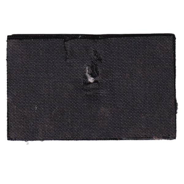 Russian Shrapnel Damaged Flag Patch in white, blue, and red PVC with visible impact puncture, field wear, black border, and hook-and-loop backing.