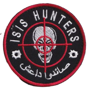 Home 16 ISIS Hunters Patch with a skull inside red crosshairs, English and Arabic lettering, bullet-hole motifs, black fabric, and red-and-white embroidery.