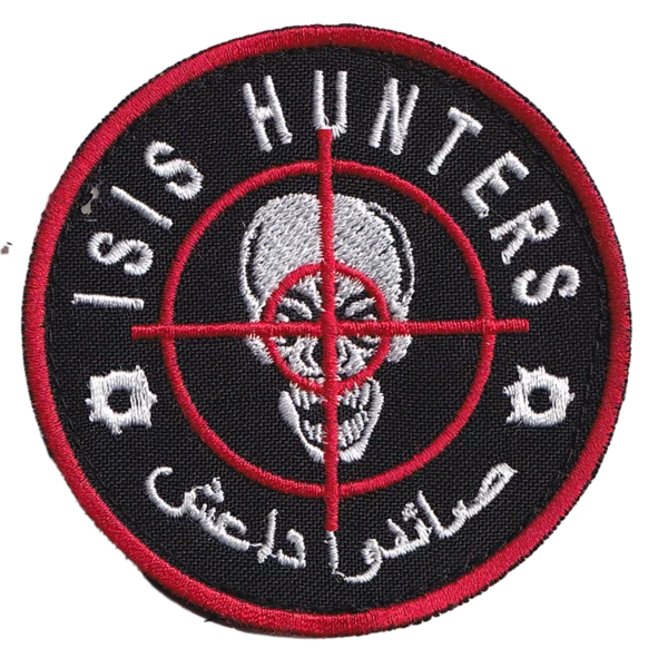 ISIS Hunters Patch with a skull inside red crosshairs, English and Arabic lettering, bullet-hole motifs, black fabric, and red-and-white embroidery.