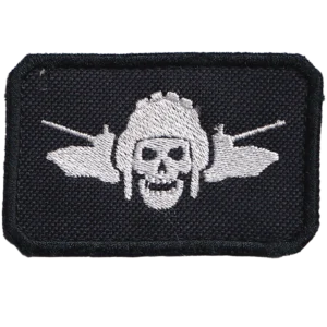 Home 14 Russian Tank Crew Skull Patch with a white tanker skull, two armored vehicles, black textile field, white embroidery, and combat-used condition.
