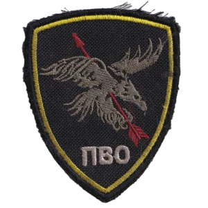 Home 14 Russian air defense forces patch with embroidered PVO lettering, winged airborne target, red arrow and shield-shaped field design from the Russia-Ukraine conflict.
