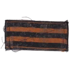 Russian St George Ribbon Patch – Trophy with Video Provenance 4 Russian St George Ribbon Patch with black and orange horizontal stripes, visible field wear, hook-and-loop backing, trophy provenance from Ukraine, and video provenance available via Telegram.