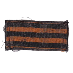 Home 24 Russian St George Ribbon Patch with black and orange horizontal stripes, visible field wear, hook-and-loop backing, trophy provenance from Ukraine, and video provenance available via Telegram.