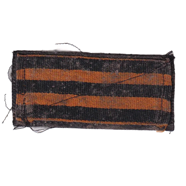 Russian St George Ribbon Patch with black and orange horizontal stripes, visible field wear, hook-and-loop backing, trophy provenance from Ukraine, and video provenance available via Telegram.