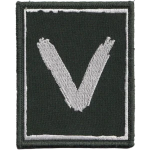 Home 21 Russian V Patch with a large white letter V on a dark green rectangular field, bordered in white and designed in a subdued military style.