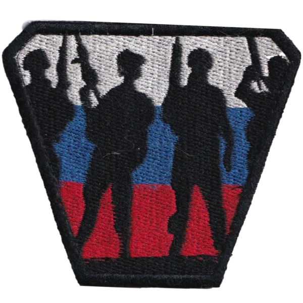 Russian Soldier Silhouette Patch with five armed figures embroidered over the white, blue, and red colors of the Russian tricolor.