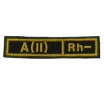 Russian A Negative Blood Patch – Yellow Border 2 Russian A Negative Blood Patch marked A(II) Rh− in yellow with a yellow border on black, front view.