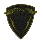 Svinorez Pig Patch with SVINOREZ on an olive banner above a dark pig head and a vertical blade-like element, front view.