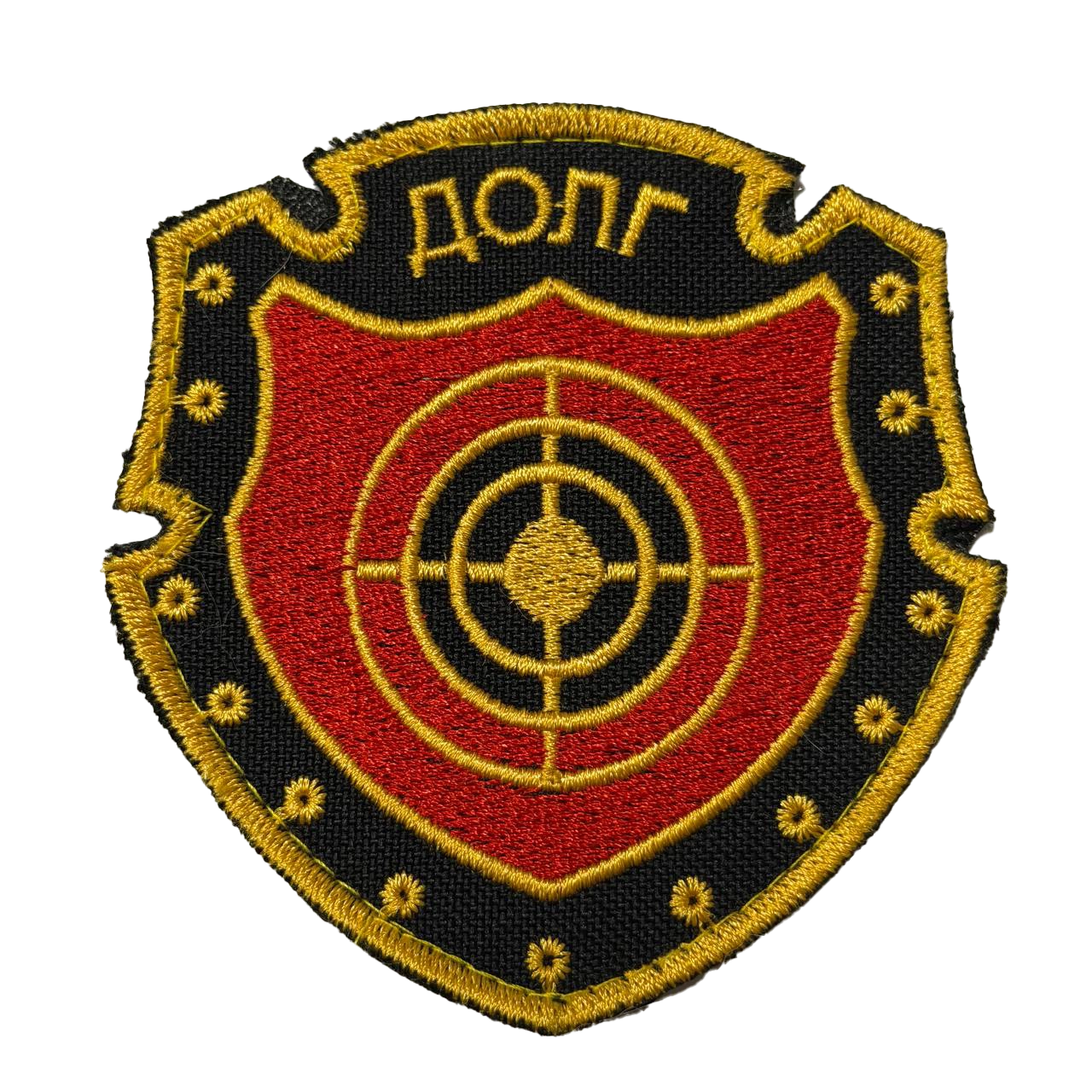STALKER Duty Patch – Dolg Target Shield 1 STALKER Duty Patch with the Cyrillic word ДОЛГ above a red shield and yellow target emblem on black, front view.