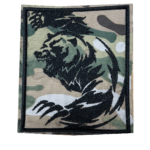 Russian Camouflage Bear Patch with a large black bear, long sweeping claws and a dark branch motif on camouflage, front view.