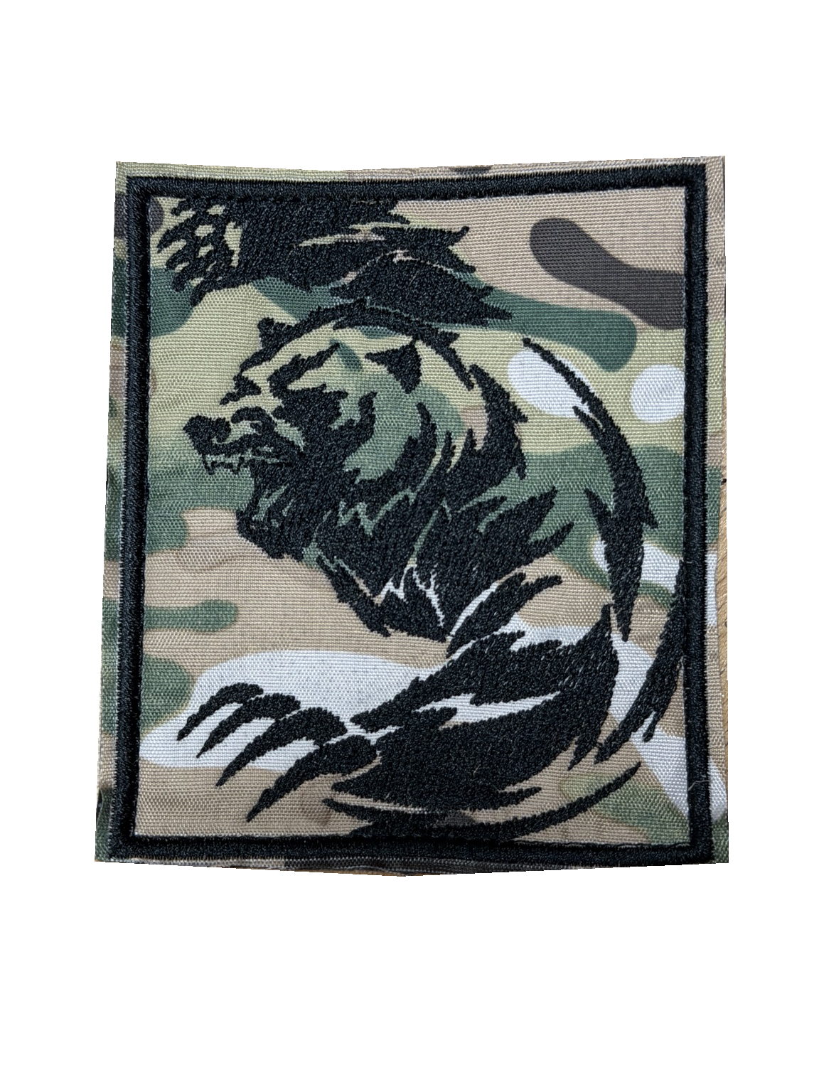Russian Camouflage Bear Patch – Long Claws and Forest Motif 1 Russian Camouflage Bear Patch with a large black bear, long sweeping claws and a dark branch motif on camouflage, front view.