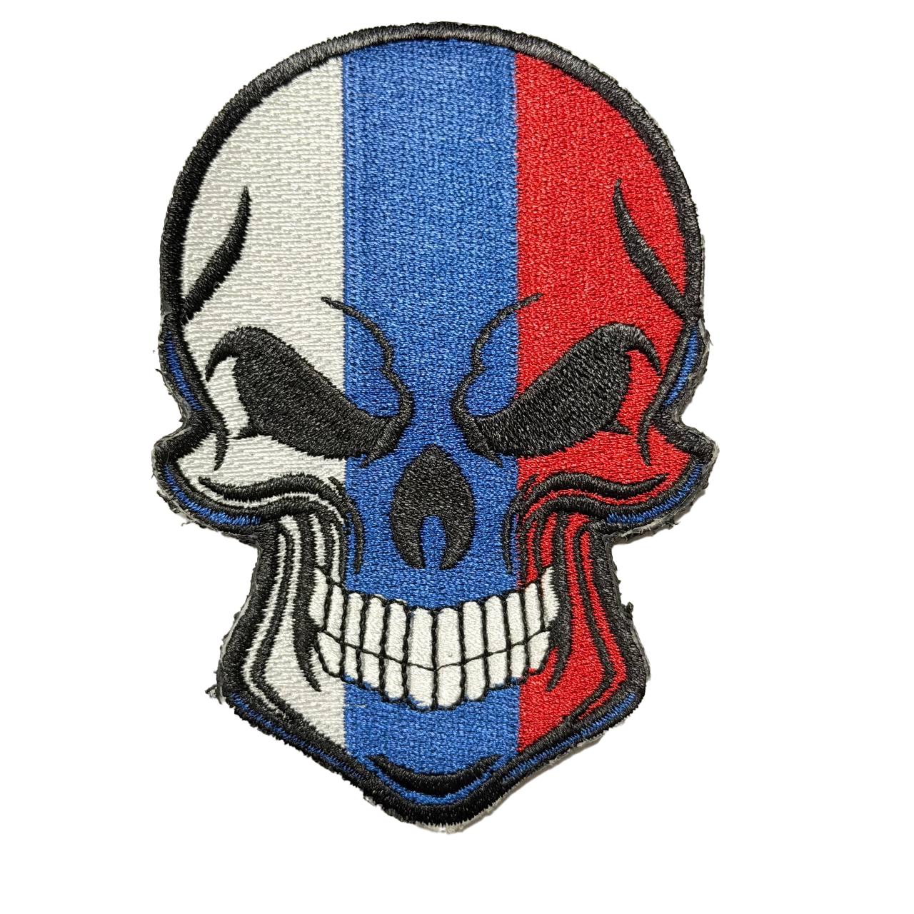 Russian Tricolor Skull Patch – Vertical White Blue Red Design 1 Russian Tricolor Skull Patch – Vertical White Blue Red Design, front view