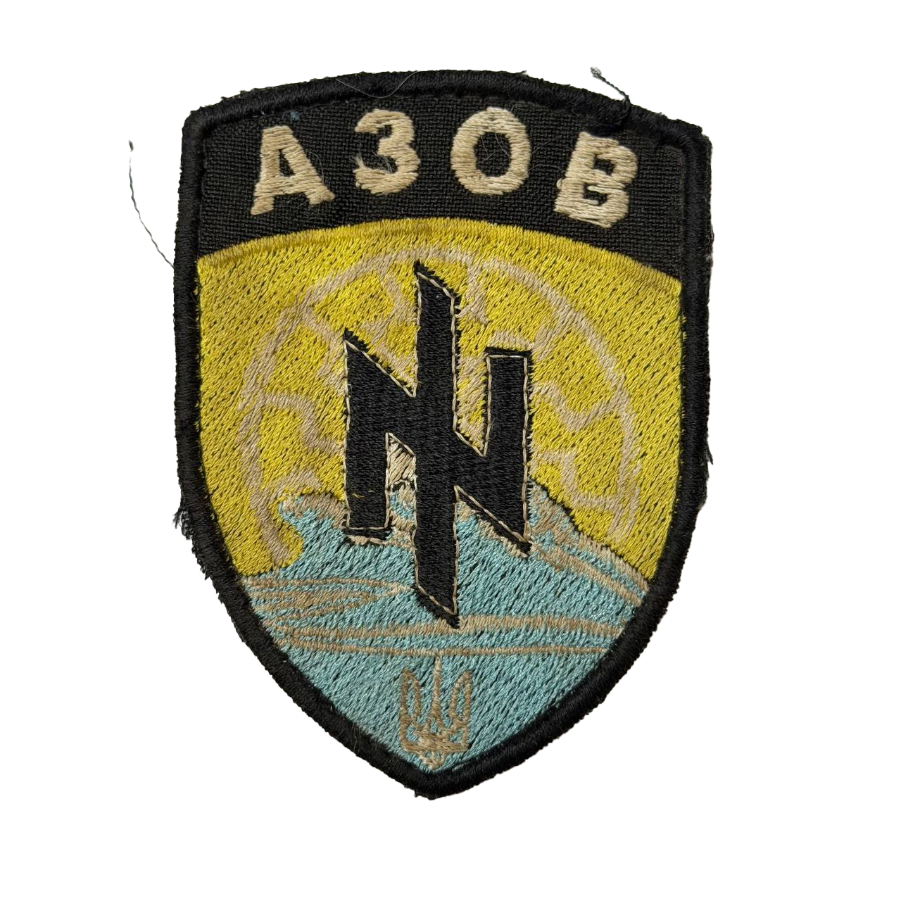 Combat Used Azov Patch – Yellow and Blue Shield 1 Combat Used Azov Patch – Yellow and Blue Shield, front view